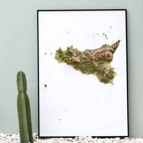 Sicily (Italy), Elevation tint - Geo, 2D printed shaded relief map with 3D effect of Sicily (Italy) with geo hypsometric tint. Shop our beautiful fine art printed maps on supreme Cotton paper. Vintage maps digitally restored and enhanced with a 3D effect. VizCart from Vizart