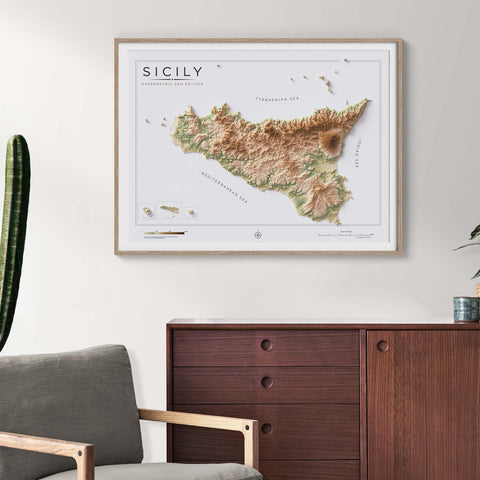 Sicily (Italy) geo shaded relief elevation map printed on fine art paper wall decor