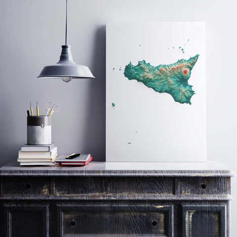 Sicily (Italy), Elevation tint - Spectral, 2D printed shaded relief map with 3D effect of Sicily (Italy) with spectral hypsometric tint. Shop our beautiful fine art printed maps on supreme Cotton paper. Vintage maps digitally restored and enhanced with a 3D effect. VizCart from Vizart