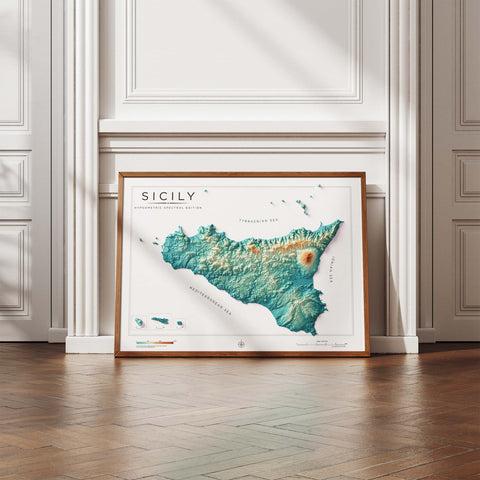 Sicily (Italy) spectral shaded relief elevation map printed on fine art paper wall decor