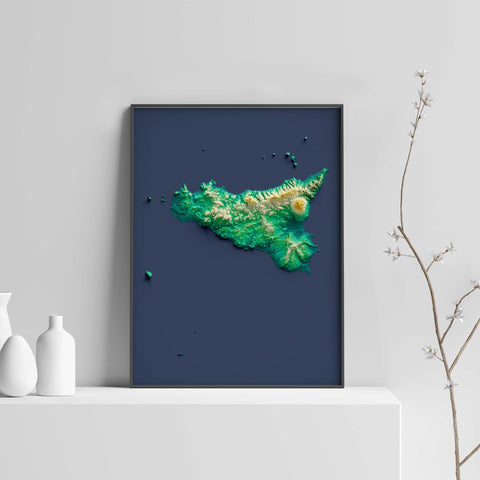 Sicily (Italy), Elevation tint - Viridis, 2D printed shaded relief map with 3D effect of Sicily (Italy) with viridis hypsometric tint. Shop our beautiful fine art printed maps on supreme Cotton paper. Vintage maps digitally restored and enhanced with a 3D effect. VizCart from Vizart
