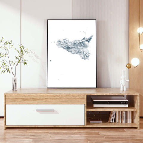 Sicily (Italy), Elevation tint - White, 2D printed shaded relief map with 3D effect of Sicily (Italy) with white hypsometric tint. Shop our beautiful fine art printed maps on supreme Cotton paper. Vintage maps digitally restored and enhanced with a 3D effect. VizCart from Vizart