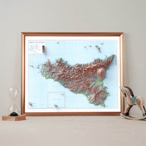 Sicily (Italy), Topographic map - 1943, 2D printed shaded relief map with 3D effect of a 1943 topographic map of Siciliy (Italy). Shop our beautiful fine art printed maps on supreme Cotton paper. Vintage maps digitally restored and enhanced with a 3D effect. VizCart from Vizart