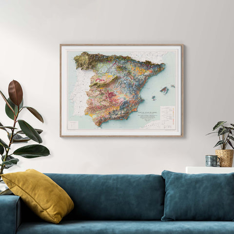 Spanish peninsula and Baleares (Spain), Soil map - 1966, 2D printed shaded relief map with 3D effect of a 1966 soil map of Spain peninsula and Baleares. Shop our beautiful fine art printed maps on supreme Cotton paper. Vintage maps digitally restored and enhanced with a 3D effect. VizCart from Vizart