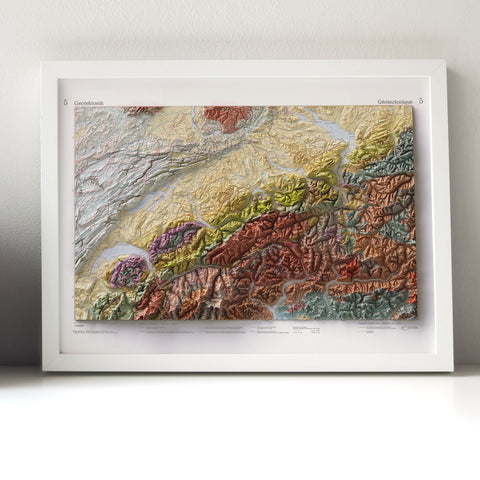 Switzerland, Geological map - 1972, 2D printed shaded relief map with 3D effect of a 1972 geological map of Switzerland. Shop our beautiful fine art printed maps on supreme Cotton paper. Vintage maps digitally restored and enhanced with a 3D effect. VizCart from Vizart