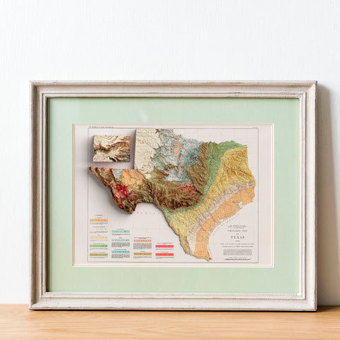 Texas, Geological map - 1933, 2D printed shaded relief map with 3D effect of a 1933 geologic map of Texas (USA). Shop our beautiful fine art printed maps on supreme Cotton paper. Vintage maps digitally restored and enhanced with a 3D effect. VizCart from Vizart
