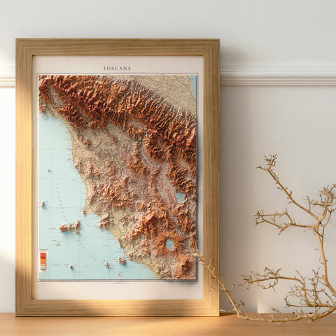 Tuscany (Italy), Topographic map - 1935, 2D printed shaded relief map with 3D effect of a 1935 topographic map of Tuscany (Italy). Shop our beautiful fine art printed maps on supreme Cotton paper. Vintage maps digitally restored and enhanced with a 3D effect. VizCart from Vizart