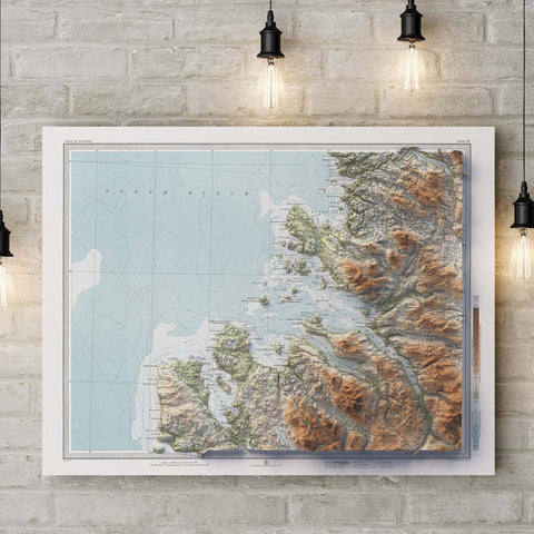 Ullapool (Scotland, UK), Topographic map - 1912, 2D printed shaded relief map with 3D effect of a 1912 topographic map of Ullapool and Lochinver (Scotland, UK). Shop our beautiful fine art printed maps on supreme Cotton paper. Vintage maps digitally restored and enhanced with a 3D effect. VizCart from Vizart