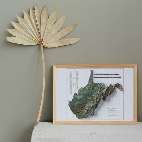 West Virginia (USA), Geological map - 1932, 2D printed shaded relief map with 3D effect of a 1932 geological map of West Virginia (USA). Shop our beautiful fine art printed maps on supreme Cotton paper. Vintage maps digitally restored and enhanced with a 3D effect. VizCart from Vizart