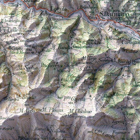 Acceglio (Italy), Topographic map - 1899, 2D printed shaded relief map with 3D effect of a 1899 topographic map of Acceglio (Italy). Shop our beautiful fine art printed maps on supreme Cotton paper. Vintage maps digitally restored and enhanced with a 3D effect. VizCart from Vizart