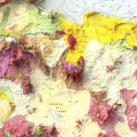 Africa, Geological map - 1958, 2D printed shaded relief map with 3D effect of a 1958 geologic map of Africa. Shop our beautiful fine art printed maps on supreme Cotton paper. Vintage maps digitally restored and enhanced with a 3D effect. VizCart from Vizart