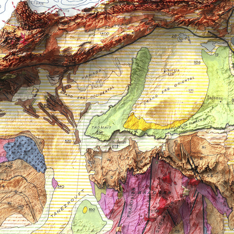 Africa, Geological map - 1958, 2D printed shaded relief map with 3D effect of a 1958 geologic map of Africa. Shop our beautiful fine art printed maps on supreme Cotton paper. Vintage maps digitally restored and enhanced with a 3D effect., VizCart from Vizart