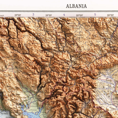 Albania 1967 topographic restored antique shaded relief map print on fine art paper