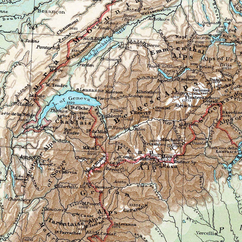 Alps 1900 topographic digitally restored map reprint on fine art paper close up