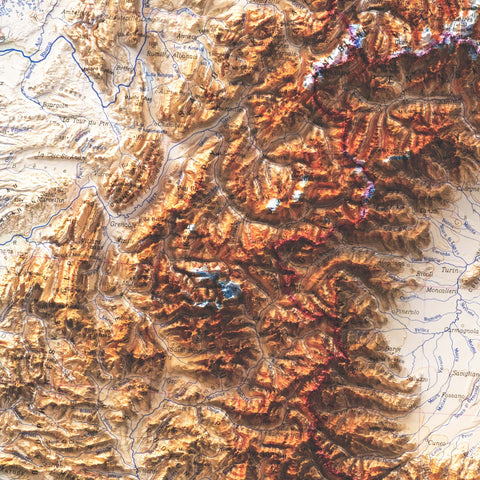 Alps 1965 topographic restored antique shaded relief map print on fine art paper close-up