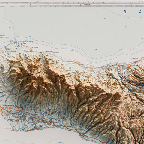 Bali (Indonesia), Topographic map - 1935, 2D printed shaded relief map with 3D effect of a 1935 topographic map of Bali (Indonesia). Shop our beautiful fine art printed maps on supreme Cotton paper. Vintage maps digitally restored and enhanced with a 3D effect., VizCart from Vizart