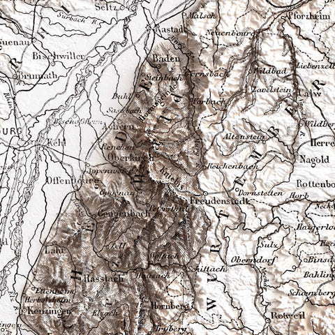 Black Forest (Germany) 1867 topographic restored antique shaded relief map print on fine art paper close-up