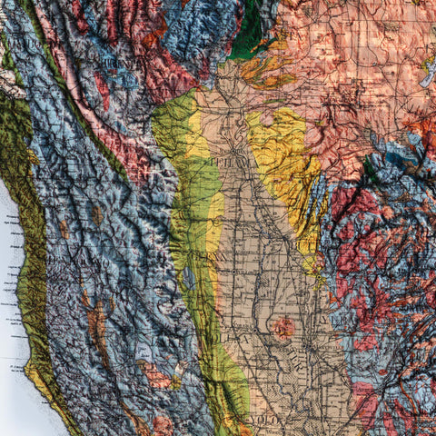 California (USA), Geological map - 1916, 2D printed shaded relief map with 3D effect of a 1916 geological map of California (USA). Shop our beautiful fine art printed maps on supreme Cotton paper. Vintage maps digitally restored and enhanced with a 3D effect. VizCart from Vizart