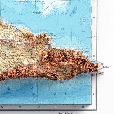 Cuba, Topographic map - 1967, 2D printed shaded relief map with 3D effect of a 1967 topographic map of Cuba. Shop our beautiful fine art printed maps on supreme Cotton paper. Vintage maps digitally restored and enhanced with a 3D effect. VizCart from Vizart