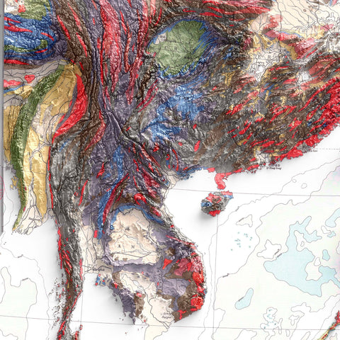 Eastern Asia, Geological map - 1932, 2D printed shaded relief map with 3D effect of a 1932 geological map of Eastern Asia. Shop our beautiful fine art printed maps on supreme Cotton paper. Vintage maps digitally restored and enhanced with a 3D effect. VizCart from Vizart
