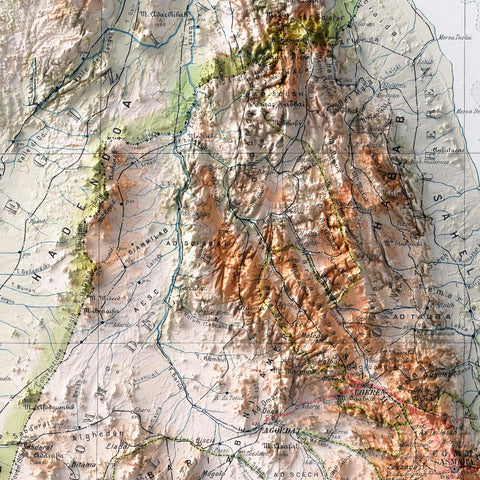 Eritrea 1912 topographic restored antique shaded relief map print on fine art paper close-up