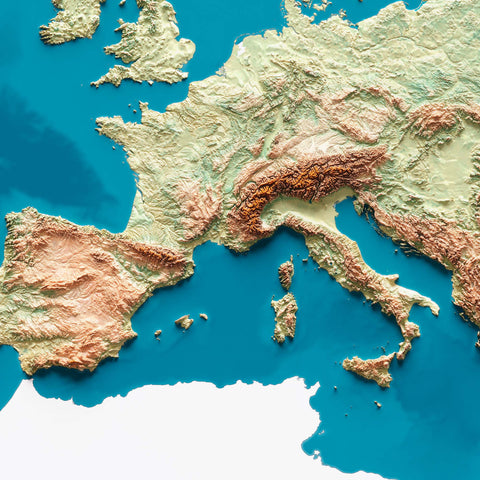 Europe, Elevation tint - satellite, 2D printed shaded relief map with 3D effect of Europe with satellite hypsometric tint. Shop our beautiful fine art printed maps on supreme Cotton paper. Vintage maps digitally restored and enhanced with a 3D effect. VizCart from Vizart