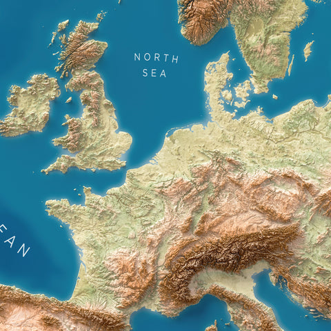 Europe satellite shaded relief elevation map printed on fine art paper close-up
