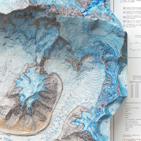 Mt Everest (Nepal) 1957 topographic restored antique shaded relief map print on fine art paper close-up