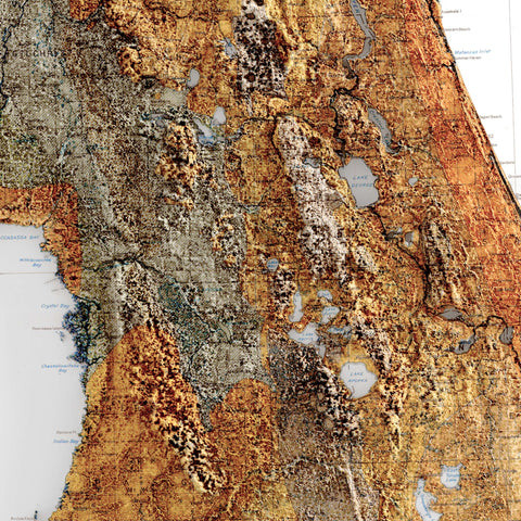 Florida, Geological map - 1929, 2D printed shaded relief map with 3D effect of a 1929 geologic map of Florida (USA). Shop our beautiful fine art printed maps on supreme Cotton paper. Vintage maps digitally restored and enhanced with a 3D effect. VizCart from Vizart