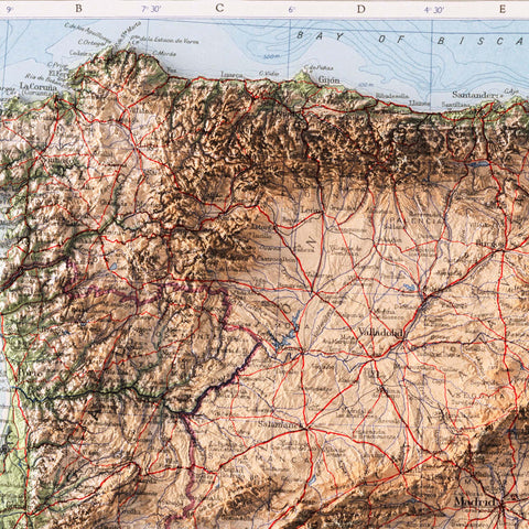 Iberian Peninsula, Topographic map - 1956, 2D printed shaded relief map with 3D effect of a 1956 topographic map of Iberian Peninsula. Shop our beautiful fine art printed maps on supreme Cotton paper. Vintage maps digitally restored and enhanced with a 3D effect. VizCart from Vizart
