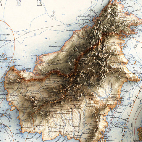 Indonesia, Topographic map - 1901, 2D printed shaded relief map with 3D effect of a 1901 topographic map of Indonesia. Shop our beautiful fine art printed maps on supreme Cotton paper. Vintage maps digitally restored and enhanced with a 3D effect. VizCart from Vizart