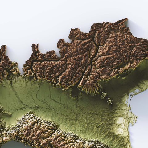 Italy, Elevation tint - Geo, 2D printed shaded relief map with 3D effect of Italy with geo hypsometric tint. Shop our beautiful fine art printed maps on supreme Cotton paper. Vintage maps digitally restored and enhanced with a 3D effect. VizCart from Vizart