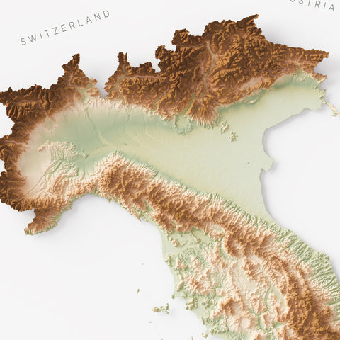 Italy geo shaded relief elevation map printed on fine art paper close-up