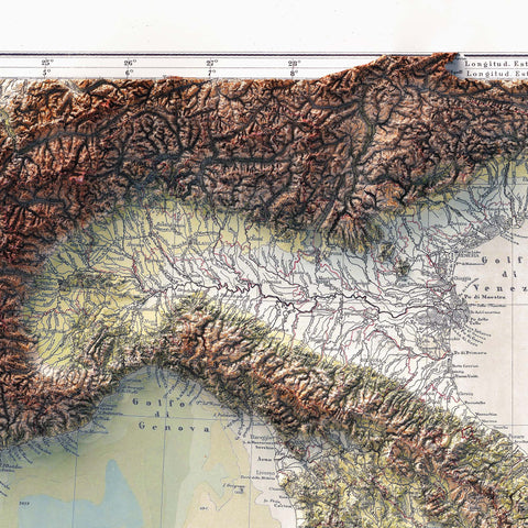 Italy, Topographic map - 1888, 2D printed shaded relief map with 3D effect of a 1888 topographic map of Italy. Shop our beautiful fine art printed maps on supreme Cotton paper. Vintage maps digitally restored and enhanced with a 3D effect. VizCart from Vizart