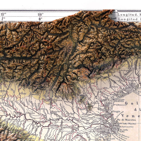 Italy Bathymetric, Topographic map - 1888, 2D printed shaded relief map with 3D effect of a 1888 topographic map of Italy with bathymetric. Shop our beautiful fine art printed maps on supreme Cotton paper. Vintage maps digitally restored and enhanced with a 3D effect. VizCart from Vizart