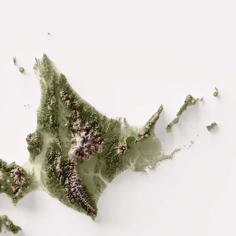 Japan, Elevation tint - Geo, 2D printed shaded relief map with 3D effect of Japan with geo hypsometric tint. Shop our beautiful fine art printed maps on supreme Cotton paper. Vintage maps digitally restored and enhanced with a 3D effect., VizCart from Vizart