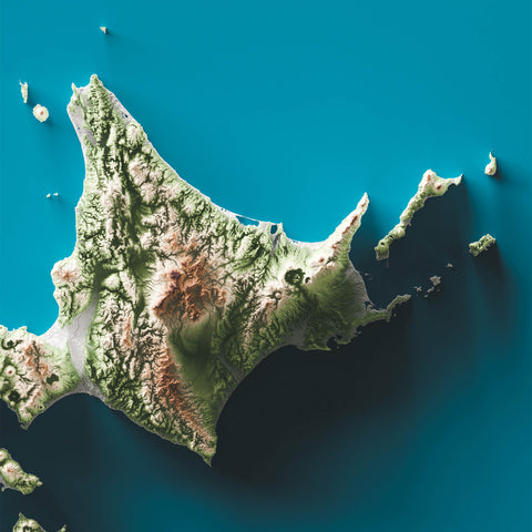 Japan, Elevation tint - Geolight, 2D printed shaded relief map with 3D effect of Japan with geo hypsometric tint. Shop our beautiful fine art printed maps on supreme Cotton paper. Vintage maps digitally restored and enhanced with a 3D effect. VizCart from Vizart