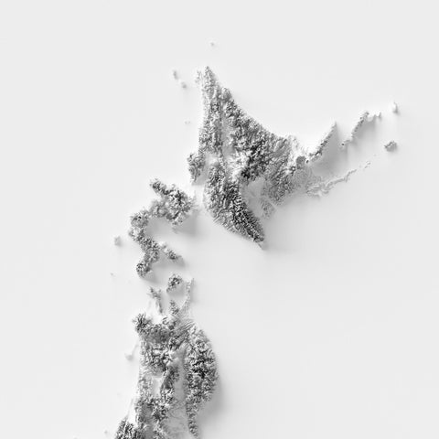 Japan, Elevation tint - White, 2D printed shaded relief of hypsometric map with 3D effect of Japan with monochrome white tint. Shop our beautiful fine art printed maps on supreme Cotton paper. Vintage maps digitally restored and enhanced with a 3D effect. VizCart from Vizart
