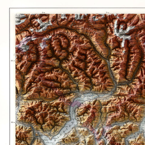 Lombardy (Italy), Topographic map - 1935, 2D printed shaded relief map with 3D effect of a 1935 topographic map of Lombardy (Italy). Shop our beautiful fine art printed maps on supreme Cotton paper. Vintage maps digitally restored and enhanced with a 3D effect, VizCart from Vizart