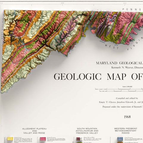 Maryland, Geological map - 1968, 2D printed shaded relief map with 3D effect of a 1968 geologic map of Maryland (USA). Shop our beautiful fine art printed maps on supreme Cotton paper. Vintage maps digitally restored and enhanced with a 3D effect. VizCart from Vizart