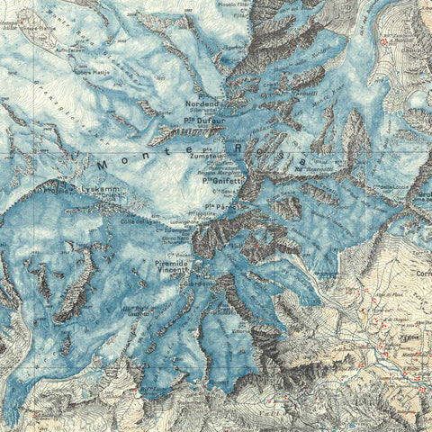 Matterhorn and Mt Rosa (Italy) 1928 topographic digitally restored map reprint on fine art paper close up