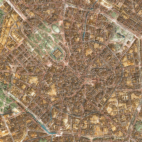 Milan (Italy) 1910 city restored antique shaded relief map print on fine art paper close-up