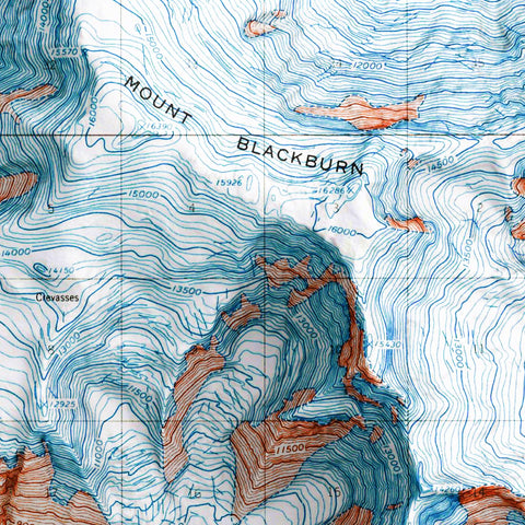 Mt Blackburn (Alaska, USA), Topographic map - 1966, 2D printed shaded relief map with 3D effect of a 1966 topographic map of Mt Blackburn (Alaska, USA). Shop our beautiful fine art printed maps on supreme Cotton paper. Vintage maps digitally restored and enhanced with a 3D effect. VizCart from Vizart
