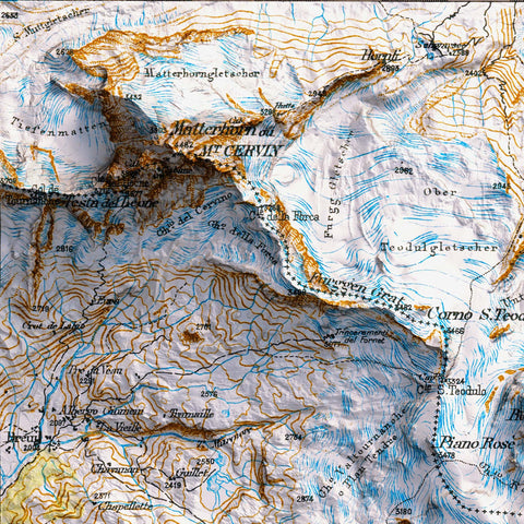 Mt Rosa (Italy), Topographic map - 1899, 2D printed shaded relief map with 3D effect of a 1899 topographic map of Monte Rosa. Shop our beautiful fine art printed maps on supreme Cotton paper. Vintage maps digitally restored and enhanced with a 3D effect. VizCart from Vizart