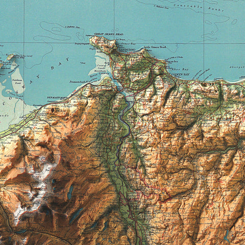 North Wales (Wales, UK), Topographic map - 1941, 2D printed shaded relief map with 3D effect of a 1941 topographic map of North Wales (Wales, UK). Shop our beautiful fine art printed maps on supreme Cotton paper. Vintage maps digitally restored and enhanced with a 3D effect. VizCart from Vizart