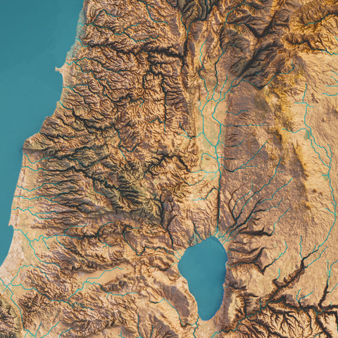 Palestine, Elevation map - satellite, 2D printed shaded relief map with 3D effect realized by Vizart in 2024. Shop our beautiful fine art printed maps on supreme Cotton paper. Vintage maps digitally restored and enhanced with a 3D effect.