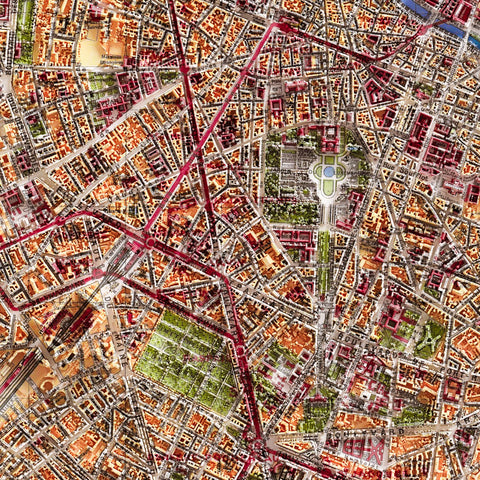 Paris (France) 1916 city restored antique shaded relief map print on fine art paper close-up