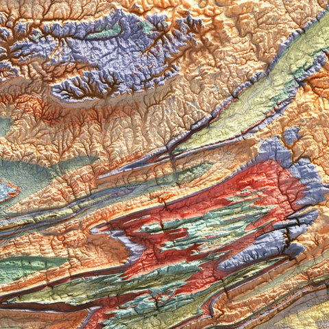 Pennsylvania, Geological map - 1960, 2D printed shaded relief map with 3D effect of a 1960 geologic map of Pennsylvania (USA). Shop our beautiful fine art printed maps on supreme Cotton paper. Vintage maps digitally restored and enhanced with a 3D effect. VizCart from Vizart.