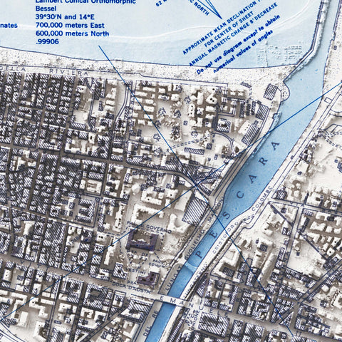 Pescara (Italy) 1944 city restored antique shaded relief map print on fine art paper close-up