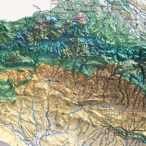 Pyrenees 1891 geological restored antique shaded relief map print on fine art paper close-up